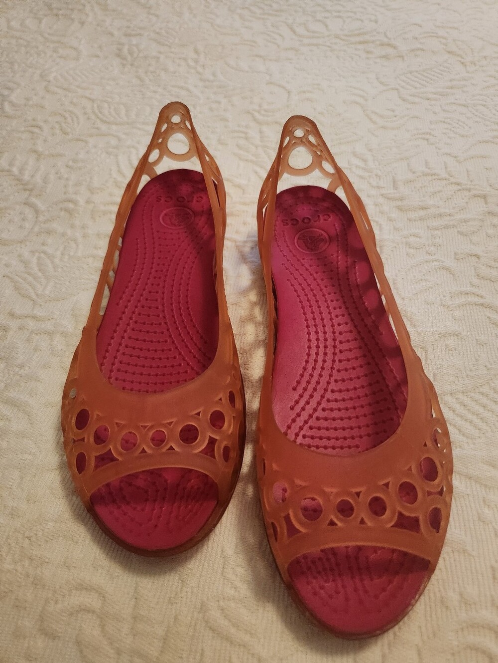 CROCS Orange Coral Openwork Jelly Flats with Pink Footbed